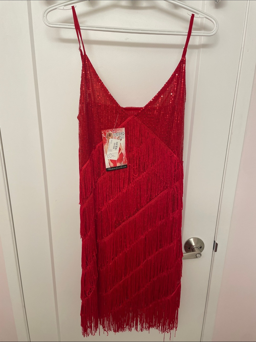 Red Fringe Slip Dress with Sequin Detail